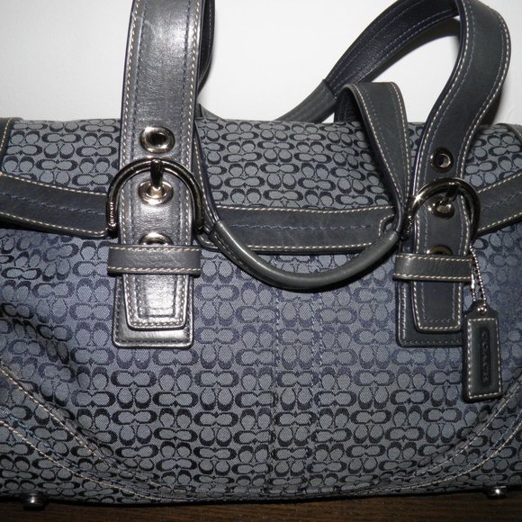 Coach Signature Handbag Leather Trim Color Navy - Picture 1 of 4